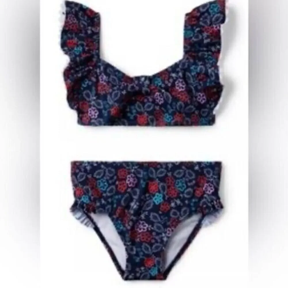 NWT Janie & Jack Baby Girl Two Piece Swimsuit Navy Ruffle Floral - Size 12-18M